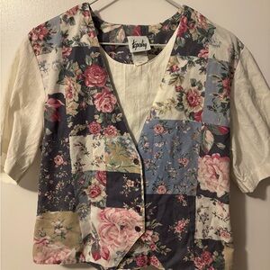 Tapestry Floral Patchwork Blouse in Cream and Blue